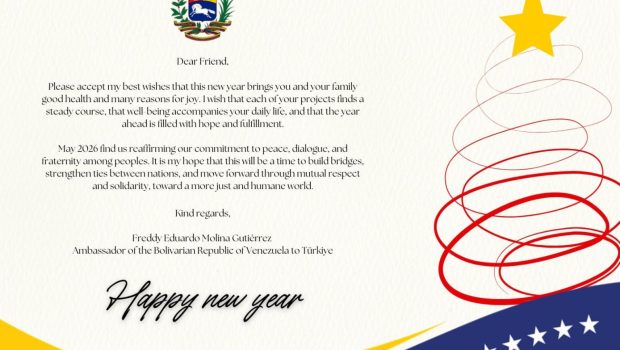 Bolivarcı Venezuela Cumhuriyeti’nin Türkiye Büyükelçisi Sayın Freddy Eduardo Molina Gutiérrez, Genel Sekreter Yardımcımız ve Ankara İl Başkanımız Av. Sait Kıran nezdinde Partimize bir yeni yıl mesajı gönderdi. Sayın Gutiérrez mesajında [&hellip;]